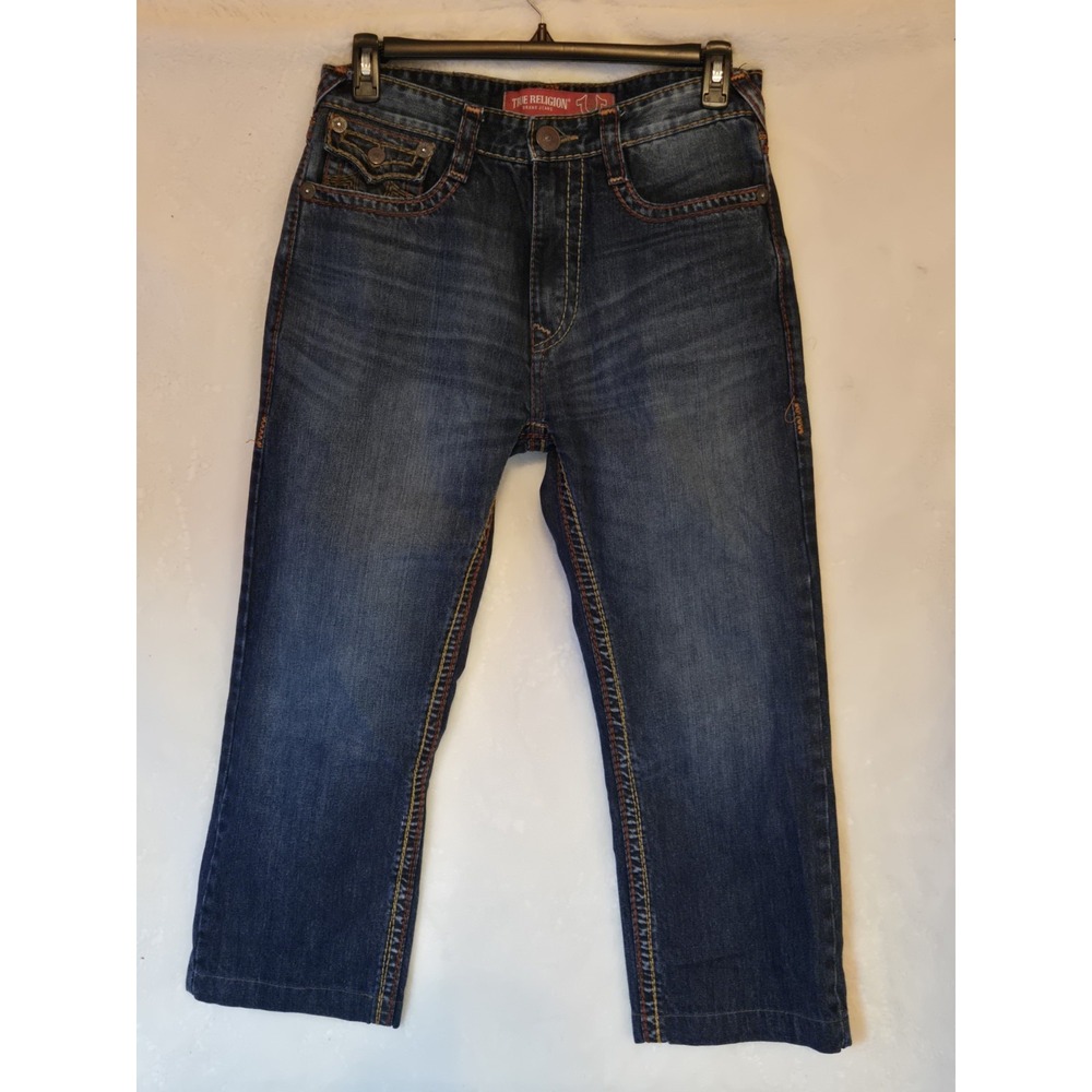 True Religion Mens Denim Jeans 34x25 Medium Wash Orange Stitching
